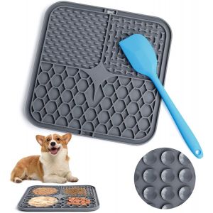 Kalanka-Tapis De Lèche Chien, 20x20cm Tapis Lécher Pour Chien Avec Spatule Silicone, Sans Bpa Tapis De Lechage Pour Chat Avec Ventouse Pour Bain, Entraînement, Toilettage (Gris) - Neuf