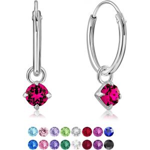 Kal-® Boucles D'oreilles Petites Créoles En Argent Fin 925 Avec Petit Pendentif 3 Mm Cristaux De Swarovski® Elements Ronds - Épaisseur 1.5 Mm - Diamètre: 14 Mm - Choix De Différentes Couleurs - Neuf