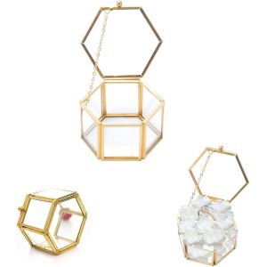 Jlslj-Boîte À Bijoux Hexagone En Verre, Boîte À Bijoux Géométrique, Boîte À Bijoux Géométrique Doré, Boîte À Bijoux En Verre Transparent, Boîte À Bijoux En Verre, Pour Bijoux, Colliers, Bagues, Brace - Neuf