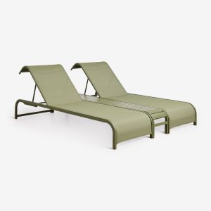 Set De 2 Chaises Longues Inclinables Et Table D'appoint En Acier Marietta Vert Olive Intense - Neuf