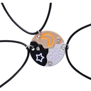 Kal-3pcs Trio De Colliers D'amitié, Colliers Avec Pendentif Soleil Lune Et Étoile Gravés Collier Assorti Rond Best Friends Forever Avec Strass Cadeaux De Bijoux Pour Femmes Sours - Neuf
