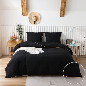 Parure De Lit 4 Pi&egrave;ces Housse De Couette 220x240cm + Drap Housse 160x200cm Avec 2 Taies D'oreillers 65x65cm Noir Pour 2 Personnes Parure 120 Fils/Cm&sup2; En Microfibre - Neuf