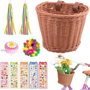 Kal-Panier De Vélo Pour Enfant Avant - Panier De Vélo Amovible Tressé - Pour Fille Et Garçon - Avec 1 Sonnette De Vélo - 2 Rubans À Pompons Colorés - 5 Autocollants - Panier De Guidon Pour Vélo Compa - Neuf