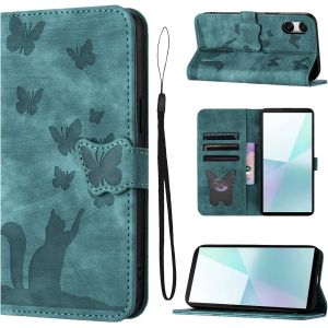 Kal-Housse Protection Pour Sony Xperia 10 Vi Matériau En Cuir Pu Coque Sony Xperia 10 Vi Avec Fentes Pour Cartes Étui Motif Papillon Chat Coque Xperia 10 Vi Vert - Neuf