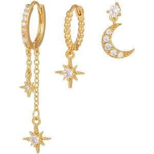 Chenquansarl-3 Pi&egrave;ces Boucles D'oreilles Femme, Boucles D'oreilles Pendantes &Eacute;toile De Lune, Creoles Or Femme, Zircon Creoles Hypoallerg&eacute;nique Earings Set, Cartilage Creoles Avec Cha&icirc;ne - Neuf