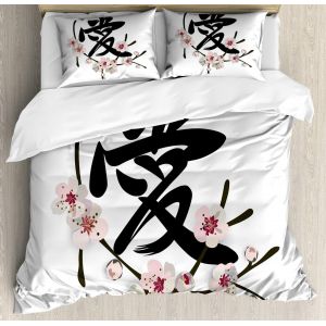 Ensemble De Housse De Couette Kanji, Illustration Du Mot D'amour Chinois Avec Fleur De Cerisier, Ensemble De Literie Pi&iquest;&iquest;Ces D&iquest;&iquest;Coratif Avec Taies D'oreiller, Housse De Couette Gri - Neuf