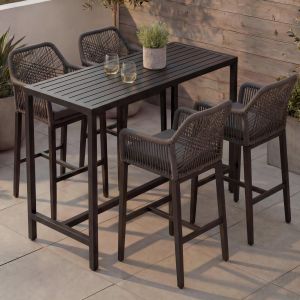 Ensemble table de bar + 4 tabourets de bar HWC-P91, chaise de bar, table haute, coussin d'assise d'ext&eacute;rieur, tressage en corde, m&eacute;talanthracite - Neuf