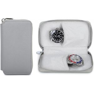 Kal-Étui De Voyage Pour Montre 2 Boîte De Rangement Pour Montres Cuir Saffiano Organisateur De Montre Portable À Fermeture Éclair (Gris) - Neuf