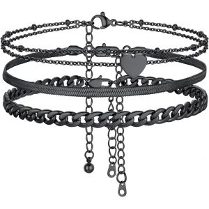 Eryi-3 Pièces De Bracelets Cheville Femme En Acier Inoxydable, Chaîne Cheville Maille Gourmette 5mm Chaîne De Pied Maille Mirroir 3mm Bracelet Cheville Coeur Double Chaîne - Neuf