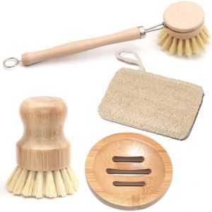 KGABERY-Lot De 4 Brosses De Nettoyage De Cuisine Naturelles,Longues Brosses À Récurer En Bois+Brosse Ronde En Bambou+Porte-Savon+Chiffons De Nettoyage En Luffa,Brosse À Récurer En Poils Naturels - Neuf