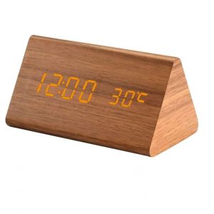 Réveil numérique LED triangulaire en bois, moderne, avec commande vocale, fonction snooze, date, température et humidité. (Marron) - Neuf