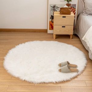 Peau de Mouton synthétique,Cozy Sensation comme véritable Laine Tapis en Fourrure synthétique,Man-Made Luxe Laine Tapis de Canapé Coussin (Rond Blanc,90 X 90 CM) - Neuf
