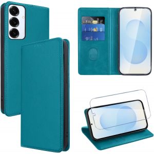 Kal-Coque Cuir Pour Samsung Galaxy S25 6.2"" Avec 1 Verre Trempé Etui À Rabat En Pu Porte-Cartes Portefeuille Support Flip Housse Magnétique Antichoc Anti-Rayures Case,Bleu Clair - Neuf