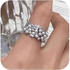 Kahfl-Bague En Métal Galvanisé Avec Perle De Zirconium,Large Bande Ouverte Réglable Et Décorative Pour Femme Adolescente - Neuf