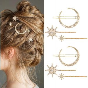 Meimie-Lot De 6 Barrettes À Cheveux En Métal Avec Strass, En Forme D'étoile, Lune, Pour Mariée Et Mariage, Accessoires De Cheveux Pour Femmes Et Filles (Doré) - Neuf