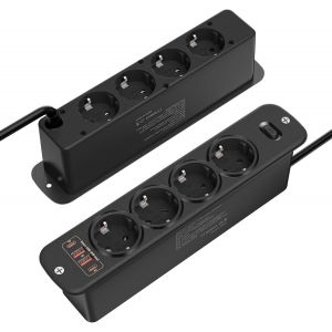 Multiprise encastrable Double Face avec 8 Prises (4000W/16A), 2 Ports USB-C PD 20W et 2 USB-A PD 18W, Prise escamotable pour Cuisine, Bureau, Plan de Travail, c&acirc;ble de 2 m, Noir - Neuf