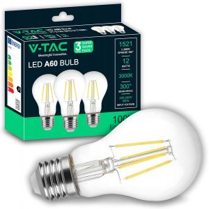 Kalanka-3x Ampoules Led Filament E27-12w (&Eacute;quivalent 100w) A60-1521 Lumen - Ampoule Led Vintage Verre - Efficacit&eacute; Maximale Et &Eacute;conomie D'&eacute;nergie - 3000k Blanc Chaud - Neuf