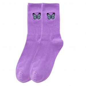 Femmes Côtelé Rayé Long Crew Chaussettes Pour Papillon Brodé Skateboard Stocki - Neuf