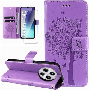 KAL-Coque Pour Xiaomi Redmi 14C Etui Portefeuille Cuir Avec Verre Tremp&eacute; Motif Porte Carte &Agrave; Rabat Magn&eacute;tique Clapet Housse Protection Flip Case Cover &Eacute;tui Coque Pour Xiaomi Redmi 14C-Violet - Neuf