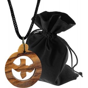 Collier Colombe En Bois D'olivier - Pendentif Rond Saint-Esprit Fait &Agrave; La Main &Agrave; Bethl&eacute;em - Bijoux Chr&eacute;tiens Avec Cordon En Nylon Et Pochette En Velours - Cadeau Bapt&ecirc;me Communion Confirmation - Neuf