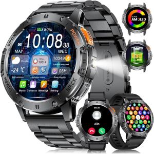 Montre Connectée Homme Avec 3 Bracelets 530mah 5atm Étanche,1.43"" Montre Tactile Connecté Militaire Avec Torche Led Moniteur Fréquence Cardiaque Podomètre Fitness Tracker Smartwatch Ios Android - Neuf