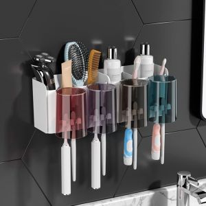 Porte-brosse à dents, porte-brosse à dents adhésif, porte-dentifrice (4 coupelles + 8 compartiments pour tête de brosse à dents) - Neuf