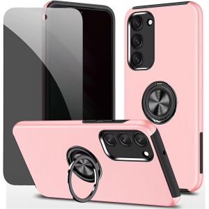 Kal-Privacy Coque Pour Samsung Galaxy S23 5g Housse Etui Avec Anti-Espion Verre Trempé Avec Support De Bague Résistant Aux Chocs Résistant Aux Rayures Pc Silicone Heavy Duty- Rose - Neuf