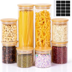 Jexnovashop-Lot De 8 Bocaux En Verre Herm&eacute;tiques Avec Couvercle En Bambou, Conservation Et Rangement Cuisine Pour &Eacute;pice, Spaghetti, Caf&eacute;, C&eacute;r&eacute;ales - Neuf