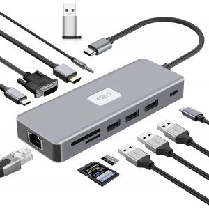 Adaptateur USB C, 11 in 1 Hub USB C HDMI 4K, Multiport Dock avec PD 100W, 4K@60HZ HDMI, 3 USB C avec USB 3.0 Ports, Carte SD/TF, RJ45, VGA Ports Compatible avec MacBook et USB C Tablette - Neuf