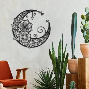 Décoration murale en forme de lune, style bohème, décoration d'intérieur à suspendre, décoration murale en métal, motif fleur de datura, pour chambre à coucher, salon, maison, noir (30 cm) - Neuf