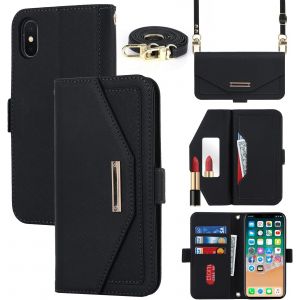 Case Compatible With Iphone X/Xs Case With Cord, Flip Wallet Leather Case, [5 Card Holders] [Mirror] [Magnetic] [Adjustable Collar] Case  Black - Neuf