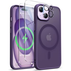 Maa-Coque Pour Iphone 15 Plus Avec 2 Verre Trempé Et 1 Caméra Protecteur, Etui Translucide Mat Arrière Housse Antichoc Coque Magnétique Pour Iphone 15 Plus Case 6.7"" Pourpre Foncé - Neuf