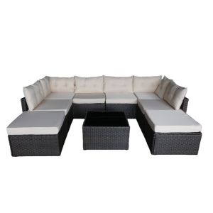 Salon De Jardin 8 Places En R&eacute;sine Tress&eacute;e Marron Et Beige Yanuca - Neuf