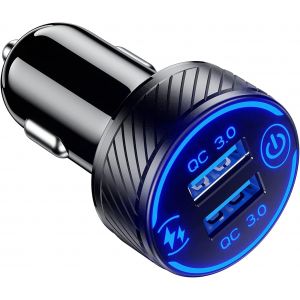 CMWX-KEWIG Chargeur de voiture USB rapide &agrave; double port QC3.0, 36 W/3 A, charge rapide avec LED bleue et interrupteur tactile, convient pour t&eacute;l&eacute;phone 12/11 Pro/Max/8, Galaxy S21/20/10/9 - Neuf