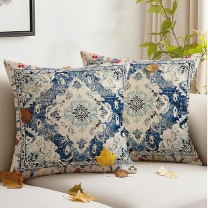 CAUC-Lot de 2 Housses de Coussin Boh&egrave;me 45x45 cm Style Vintage Bleu Fonc&eacute; en Velours D&eacute;coratives Abstraites pour Jardin Canap&eacute; Bureau Salon Lit - Neuf