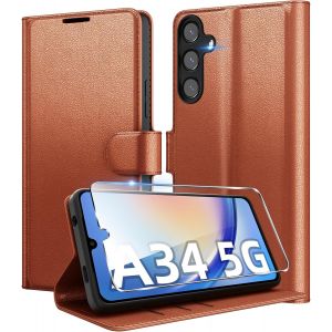 SJZG-Coque Pour Samsung Galaxy A34 5G En Premium Cuir Pu, Portefeuille Housse Etui Pour Cartes Protection Anti-Choc Flip Case Avec 1 Verre Tremp&eacute; Brun - Neuf