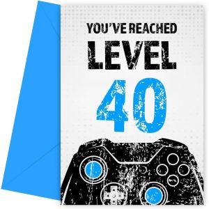 Carte d'anniversaire Gamer pour homme - Noir et bleu - Cartes d'anniversaire atteint le niveau 40 - Pour fils, petit-fils, neveu ou frère - Carte d'anniversaire pour homme de 40 ans - Neuf