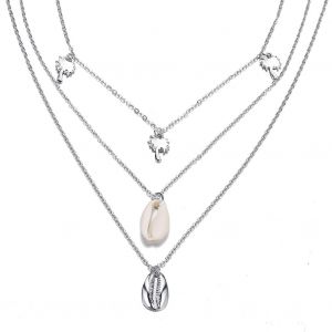 Collier Pendentif Coquillage Cocotier Retro Tendance, Collier Multicouche En Alliage Pour Femme (Argent) - Neuf