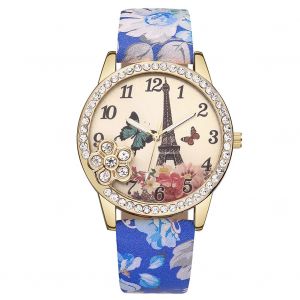 Montre A Quartz Vansvar Avec Bracelet En Cuir Synthetique Et Strass Pour Femme (Bleu Fonce) - Neuf