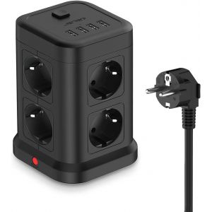 JGD-Tour Multiprise USB 8 Prises Bloc Multiprise avec 8 Prises(3680W/16A) et 4 Ports USB Multiprise Electrique USB avec Interrupteur Cordon de 2m pour iPhone 12/ iPad/Smartphone - Noir - Neuf