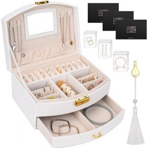 Jexnovashop-Bo&icirc;te &Agrave; Bijoux Femme Avec Miroir,Coffre &Agrave; Bijoux 2 Couches,Petit Coffret &Agrave; Bijoux Femmes Filles Voyage Organisateur De Bijoux Pour Bagues Boucles D'oreilles Colliers Bracelets - Neuf