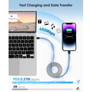 Bobine De Câble Magnétique Usb C Vers Lightning, Câble De Chargeur Certifié Mfi 1m Quick Charge Pd 3.0, Tresse De Fil Rétractable Plat, Compatible Avec I -Phone 14 13 12 11 Pro Max Xr Xs X - Neuf