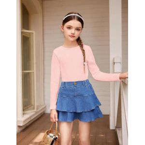 Kalanka-T-Shirt &Agrave; Manches Longues Pour Fille Col Rond T-Shirt En Polaire Chemise Haut Uni Pull Basique Pour Enfants Coupe Ajust&eacute;e Sweat-Shirt Thermique D&eacute;contract&eacute; 5-12 Ans - Neuf