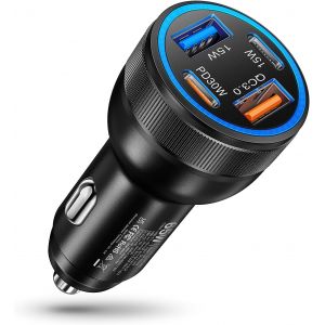 JGD-Chargeur de voiture 4 en 1 USB C 65 W - Adaptateur allume-cigare 4 ports 12 V - Adaptateur USB pour voiture camion PD & QC3.0 - Prise de charge rapide pour iPhone 17 16 15 Samsung Google Pixel - Neuf