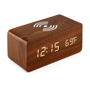 Réveil numérique en bois avec chargement sans fil, variateur réglable et volume d'alarme marron - Neuf