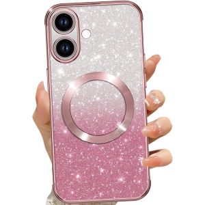 TRAHOO-Coque Magn&eacute;tique pour iPhone 17 6,3"", Etui &agrave; Paillettes Compatible avec MagSafe, Antichoc Charge sans Fil Housse pour iPhone 17, avec 2 Verre Tremp&eacute;, Rose - Neuf