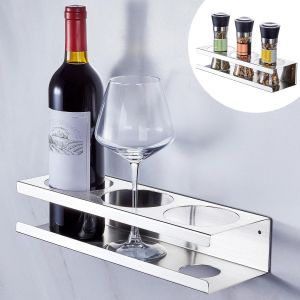 Loc-Porte Bouteille Mural Sus304 En Acier Inoxydable,Support Verre A Pied Suspendu Autocollante Ou Perc&eacute;e,Range Bouteille Rangement Epices Cuisine Pour Cuisine,Salon,Salle &Agrave; Manger-Argent&eacute; - Neuf