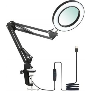 Lampe Loupe,Lampe De Travail Avec Lentille En Verre De 105 Mm 8x,Lampe Loupe De Bureau Dimmable À Mode 3 Couleurs Avec Pince Métallique Et Bras Pivotant,Convient Pour Lecture(Bras Court 25cm).[J27] - Neuf