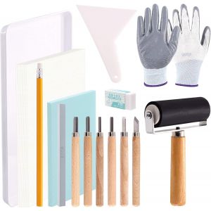 Kalanka-Kit D'outils De D&eacute;marrage D'impression De 24 Pi&egrave;ces, Blocs De Sculpture De Tampons En Caoutchouc, Rouleau D'encre, Outils De Sculpture, Gants, Papiers Calques Et Plateau De M&eacute;lange D'encre Po - Neuf