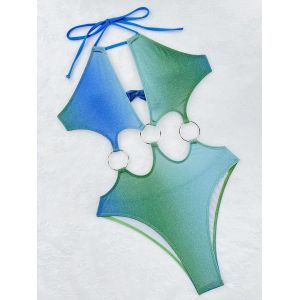 Maillot De Bain Une Pièce Dégradé Tie-Dye Avec Anneaux Métalliques Pour Femme, Dos Nu, Monokini, Taille Haute, Vêtements De Plage - Neuf